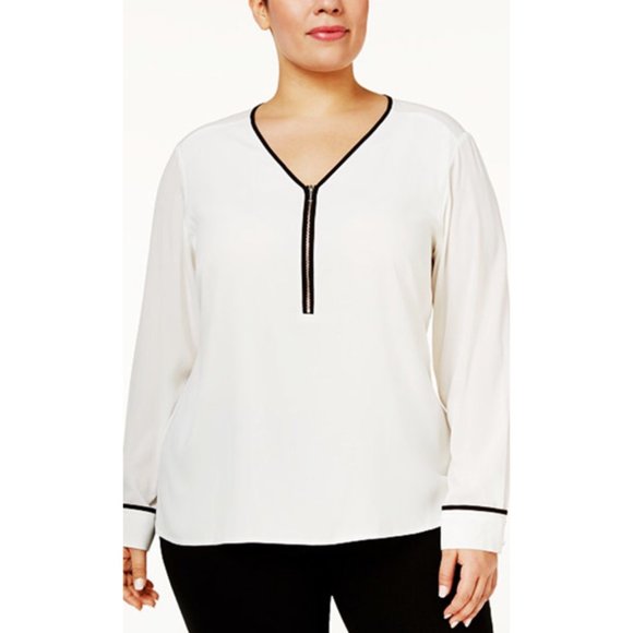 Calvin Klein Plus V-Neck Contrast Trim Zip Blouse - Picture 1 of 8